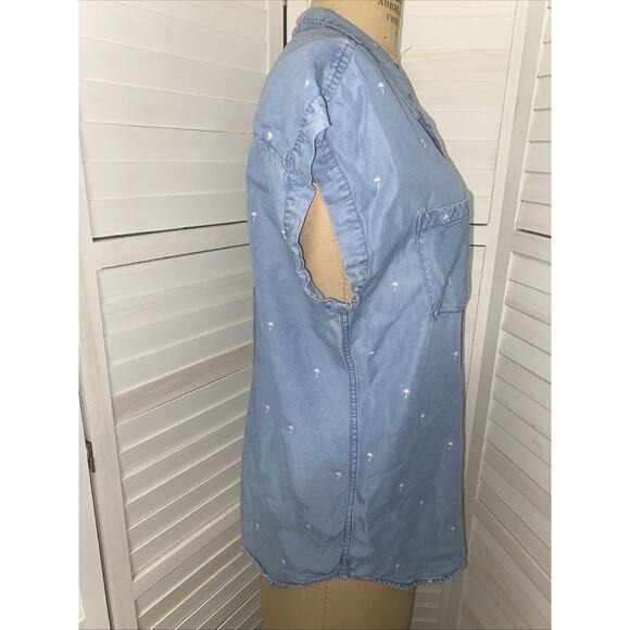 Jachs Girlfriend Chambray Blue Palm Tree Print Button Up Shirt Womens Size Large - Picture 4 of 11